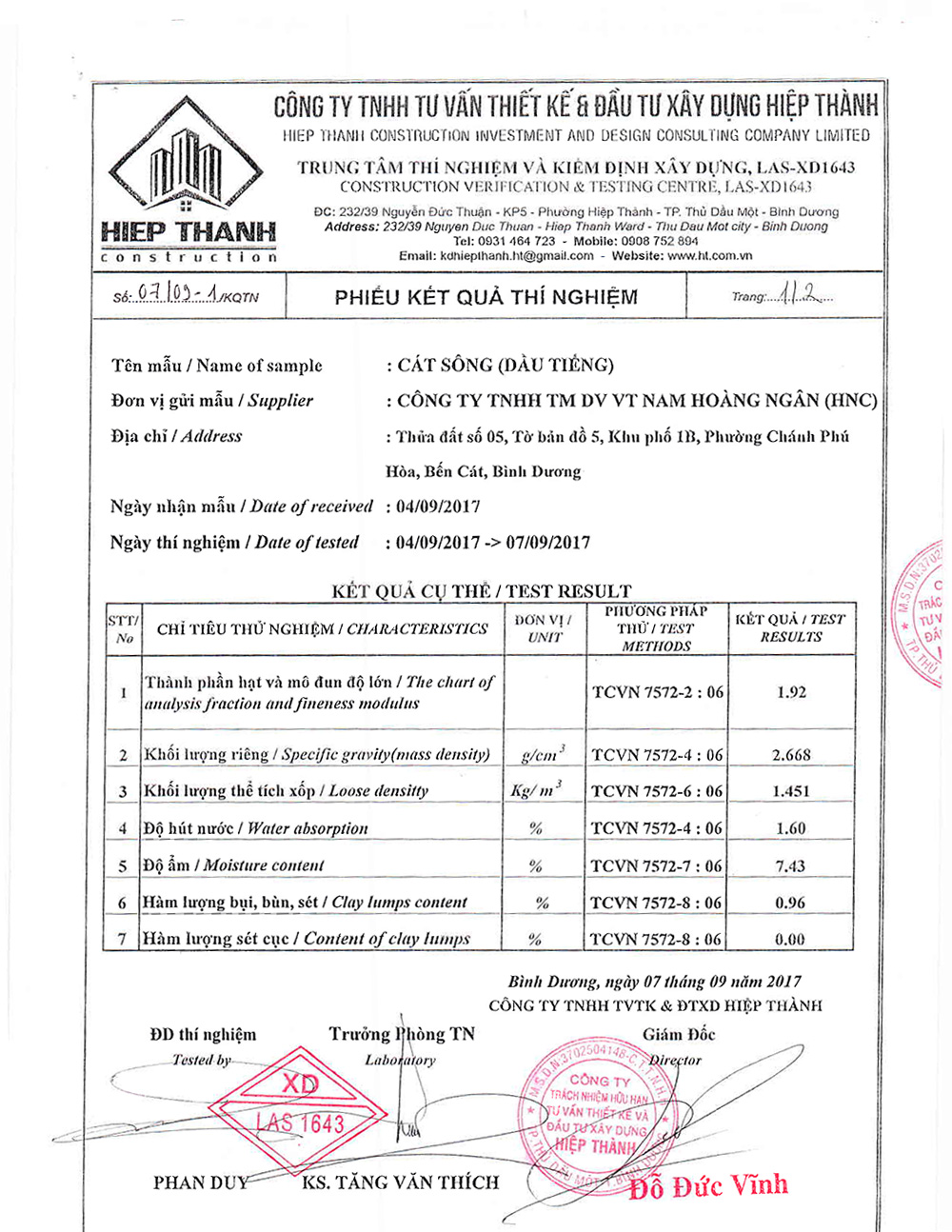 Chứng chỉ vật liệu - Cát