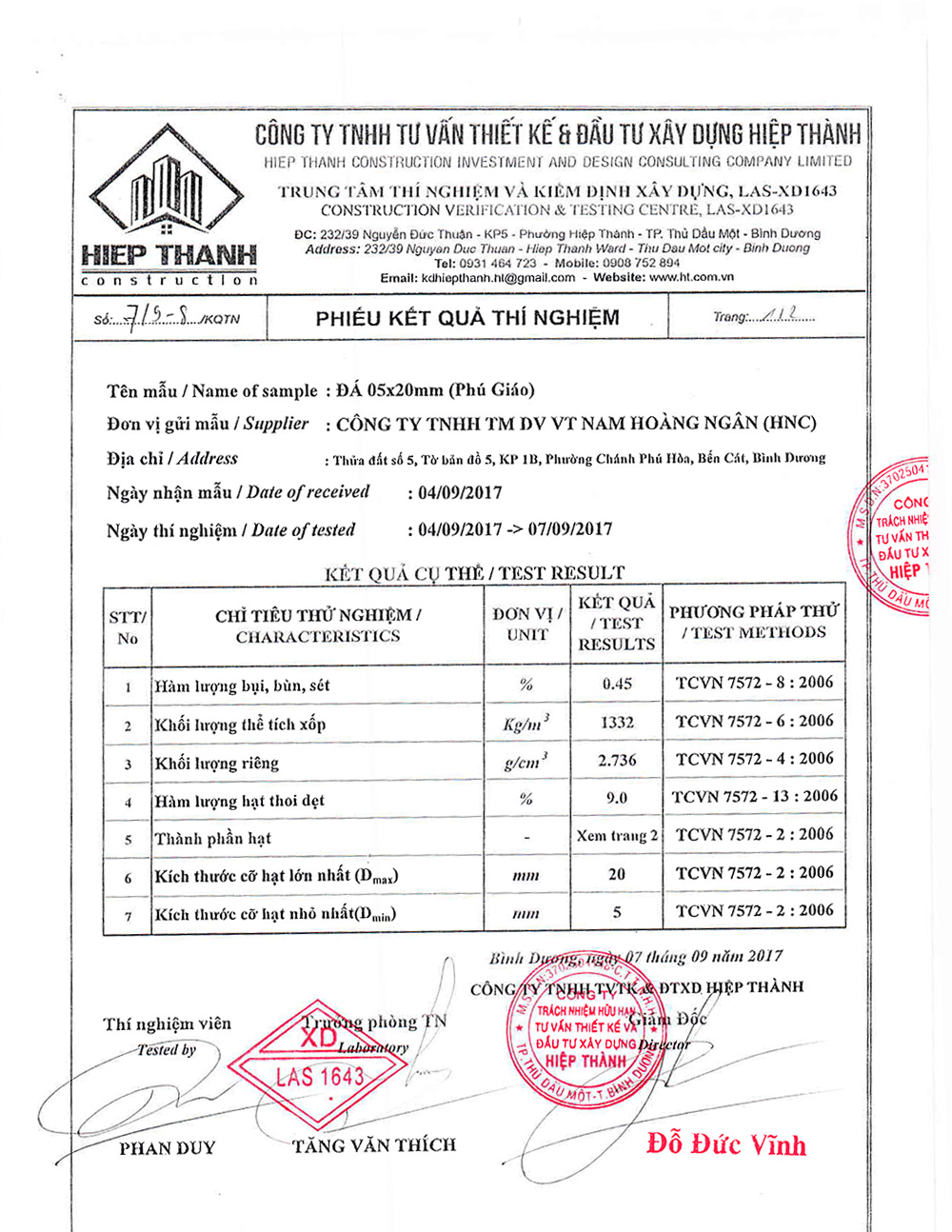 Material certificate - Stone